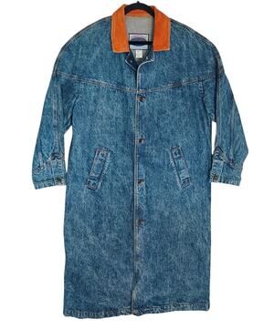 Essentials Vintage Women's Full Length Denim Duster Trench Coat Barn Jacket Sz L